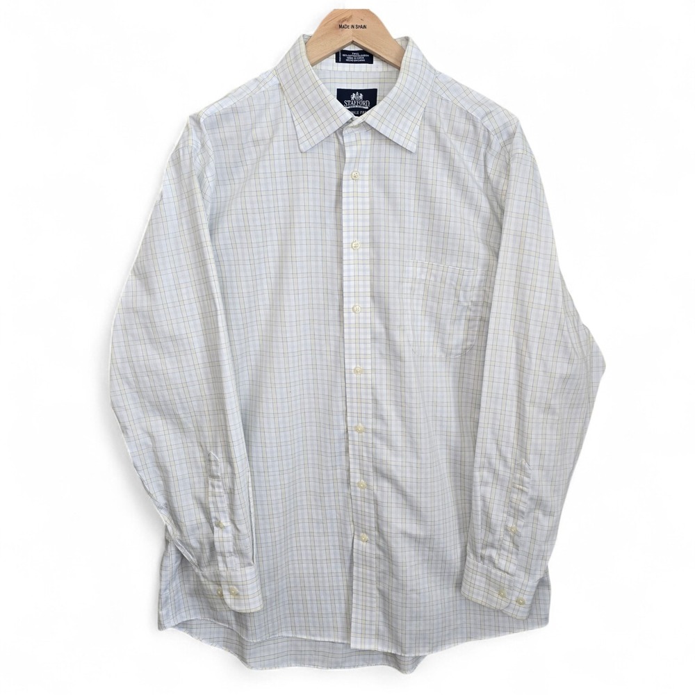 Stafford Dress Shirt Mens 17 34/35 Blue Yellow Plaid Button Twill Wrinkle Free
